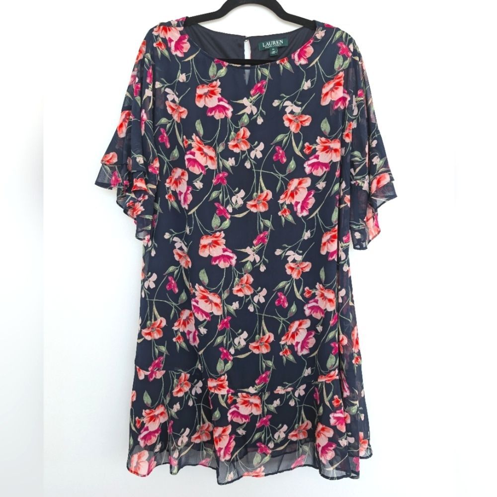 Lauren Ralph Lauren Floral Chiffon Flowy Black and Pink Dress Sz 14 Spring